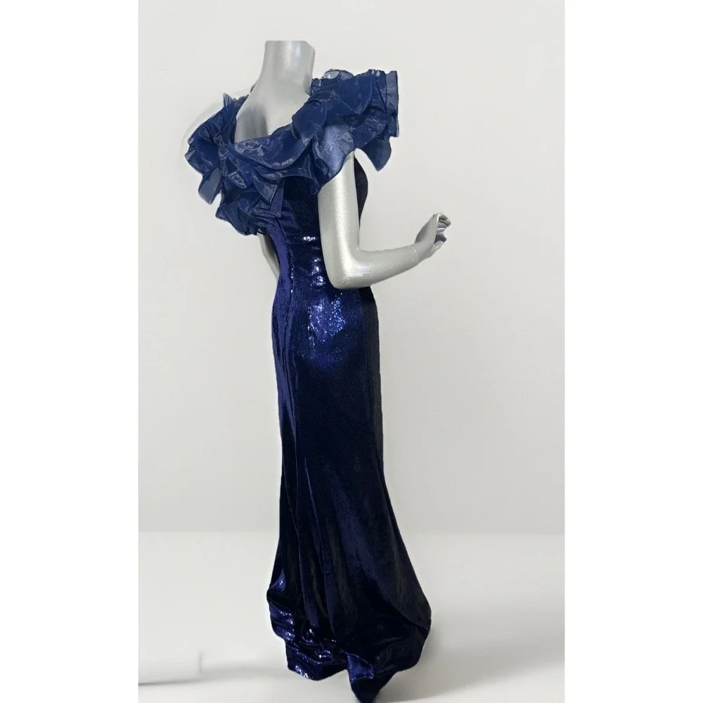 Sherri Hill 55328 Navy Blue Sequin Off-The-Shoulder Ruffle Gown – Size 00